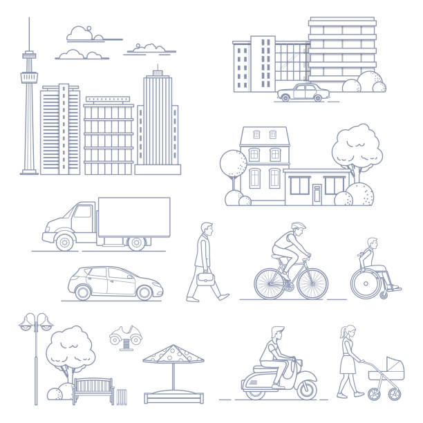 ilustraciones, imágenes clip art, dibujos animados e iconos de stock de conjunto de varios elementos de diseño de la ciudad - city line