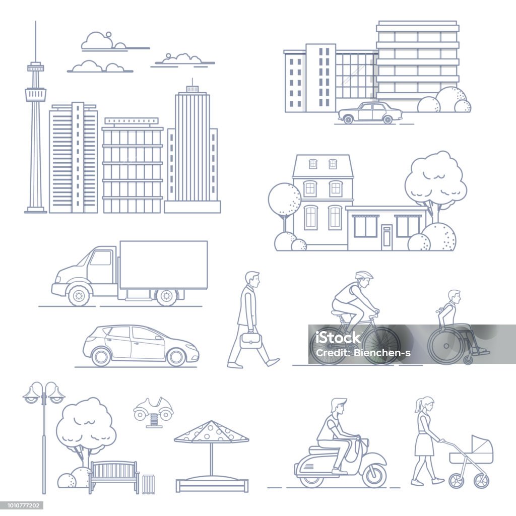 Set of various city design elements Set of modern city elements in line art style. Urban transport, houses, people, skyscrapers etc. Vector illustration Line Art stock vector