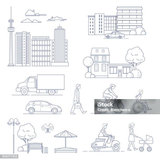 Set Of Various City Design Elements Stock Illustration - Download Image Now - Line Art, Car, Outline