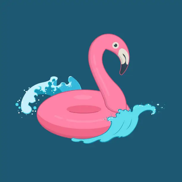 Vector illustration of Pink flamingo inflatable pool float on the waves