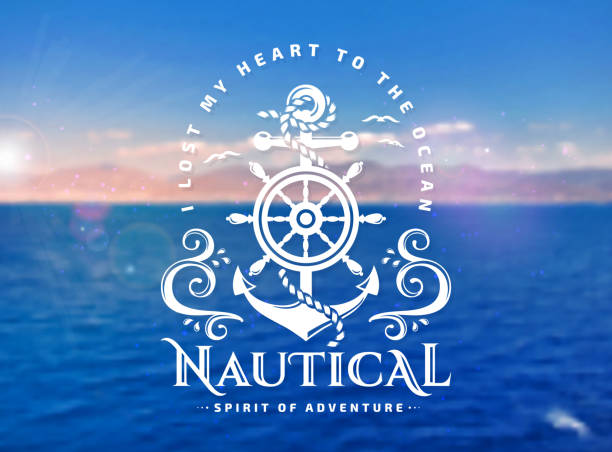 Nautical emblem with anchor and steering wheel on blurred background. Vector emblem with anchors, steering wheel, sea waves and quote "I lost my heart to the ocean". Nautical banner with blurred marine background. anchor vessel part stock illustrations