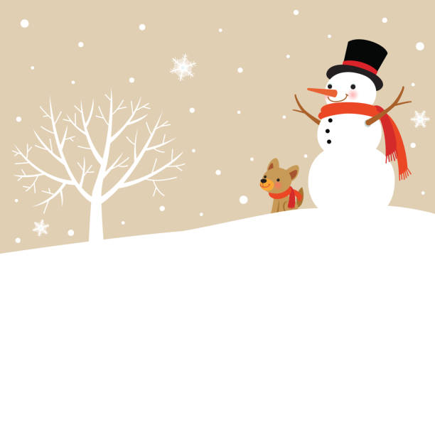 ilustraciones, imágenes clip art, dibujos animados e iconos de stock de muñeco de nieve y lindo perro con árbol de invierno - landscaped landscape winter usa