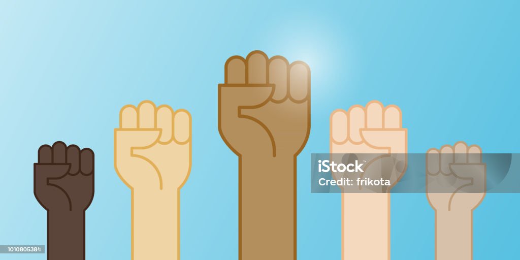 Multiracial fists hands up vector illustration. Concept of unity, revolution, fight, cooperation. Flat outline design. Adult stock vector