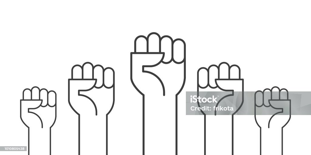 Fists hands up vector illustration. Concept of unity, revolution, fight, cooperation. Flat outline design. Punching The Air stock vector