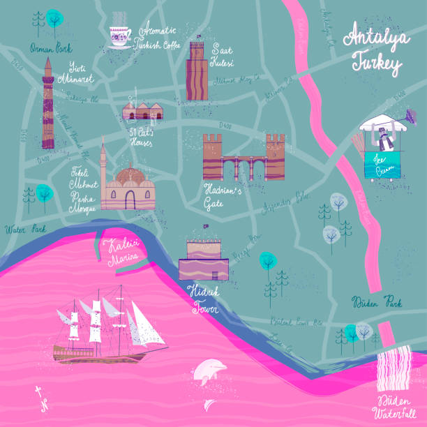Hand drawn Antalya cartoon map. Postcard concept with the most interesting places for visit. Hand drawn Antalya cartoon map. Postcard concept with the most interesting places for visit. Vector illustration turkey historic architecture buildings stock illustrations