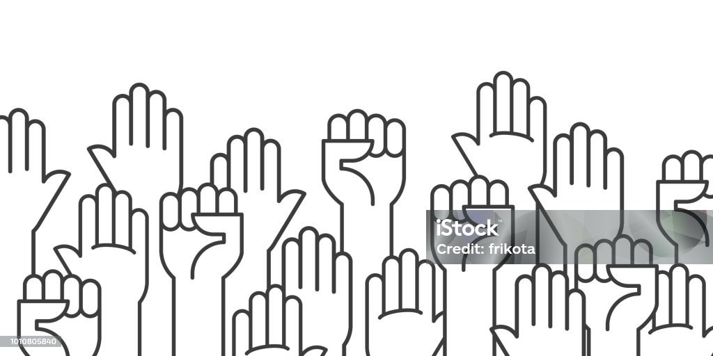Fists hands up vector illustration. Concept of unity, revolution, fight, cooperation. Flat outline design. Icon Symbol stock vector