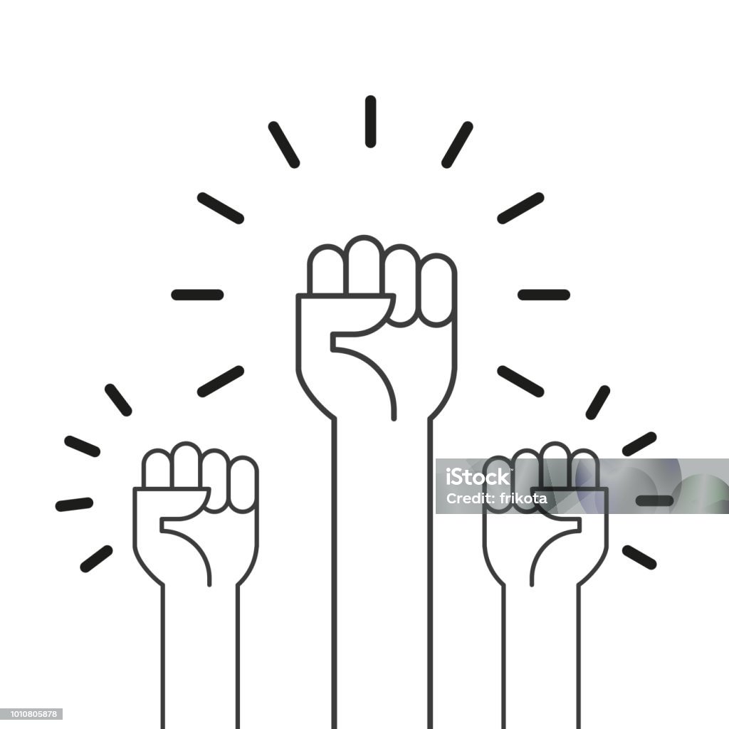 Fists hands up vector illustration. Concept of unity, revolution, fight, cooperation. Flat outline design. Punching The Air stock vector