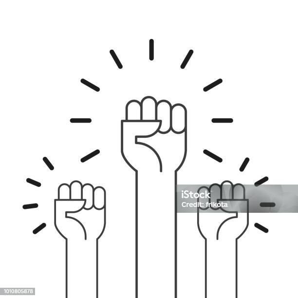 Fists Hands Up Vector Illustration Concept Of Unity Revolution Fight Cooperation Flat Outline Design Stock Illustration - Download Image Now