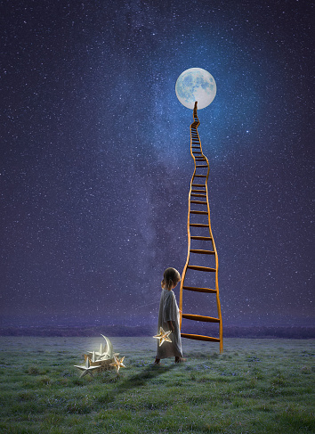 Far, far, away, out on a grassy field under a night sky, a little girl is holding a star she pulled from her box full of moon and stars.  She is about to climb up a rickety ladder, that reaches all the way to the moon, to hang the night stars.