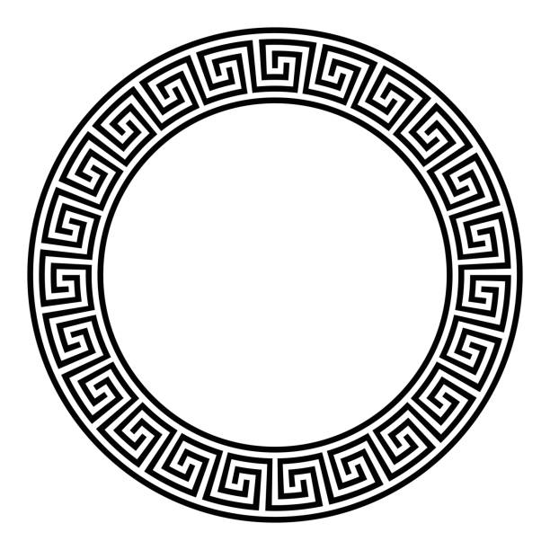Circle frame, seamless disconnected meander pattern Circle frame with seamless disconnected meander pattern. Meandros, a decorative border, constructed from lines, shaped into a repeated motif. Greek fret or Greek key. Illustration over white. Vector. greek architecture stock illustrations