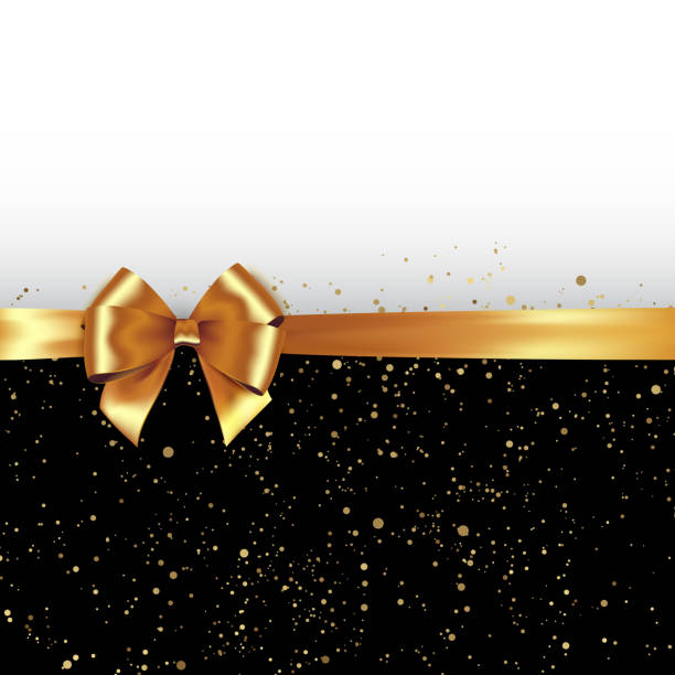 ilustraciones, imágenes clip art, dibujos animados e iconos de stock de antecedentes de oro brillo con cinta y lazo de seda de oro - black ribbon gift bow
