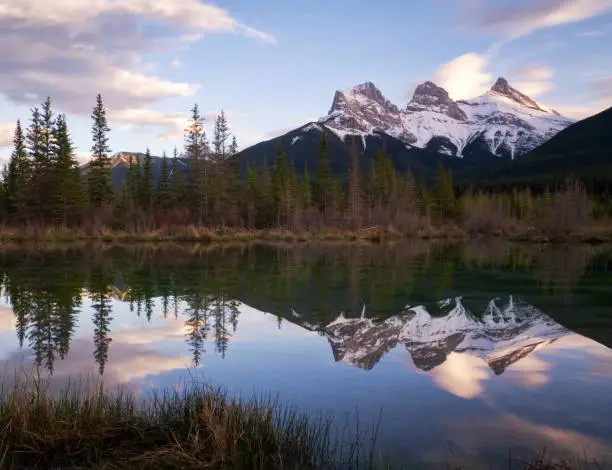 Snow Capped Rocky Mountains Reflecting on Water at Sunset