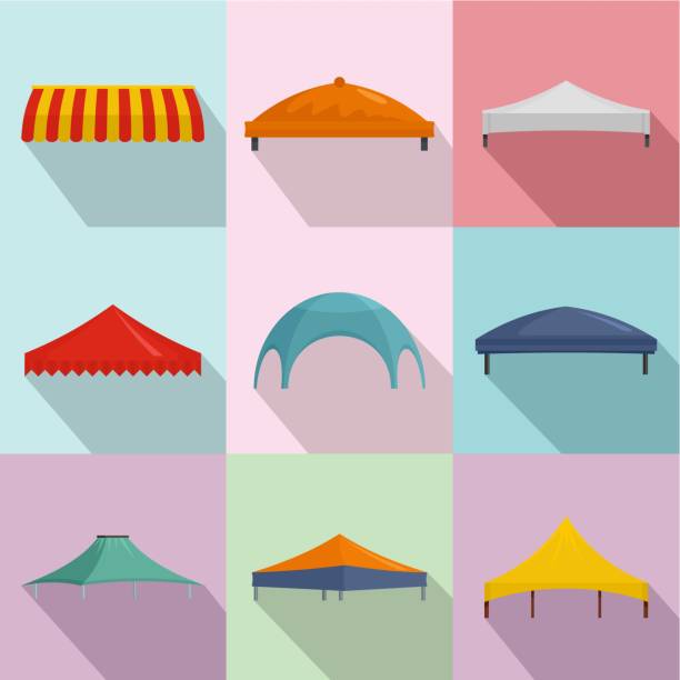 Tent icons set, flat style Tent icons set. Flat set of 9 tent vector icons for web isolated on white background entertainment tent illustrations stock illustrations