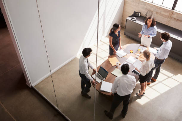 istock Female manager in team meeting, elevated view through window 1010836186