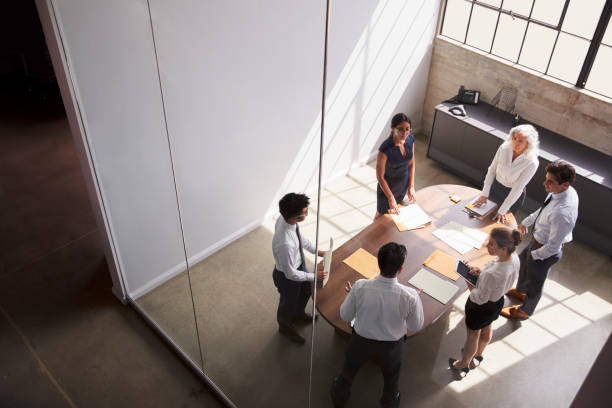 istock Female manager in team meeting, elevated view through window 1010836188