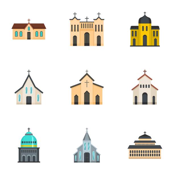 zestaw ikon kościoła, styl kreskówki - church chapel symbol computer icon stock illustrations