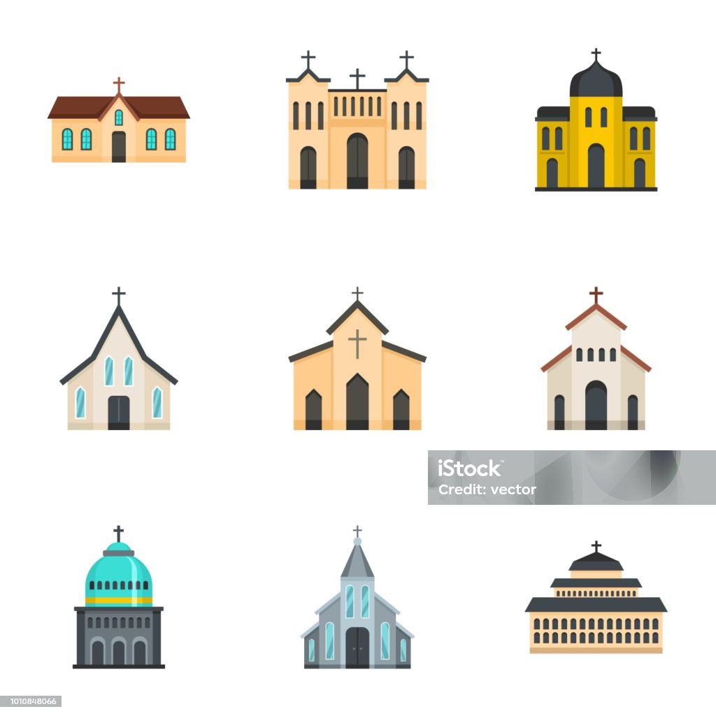 Church icons set, cartoon style Church icons set. Cartoon set of 9 church vector icons for web isolated on white background Church stock vector