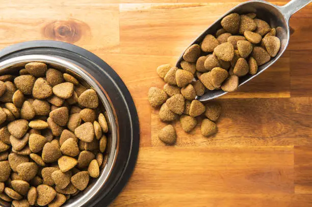 Dry kibble dog food in metal scoop on wooden table. Top view.