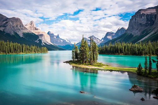 Spirit Island in Maligne Lake at sunset, Jasper National Park, Alberta, Canada.