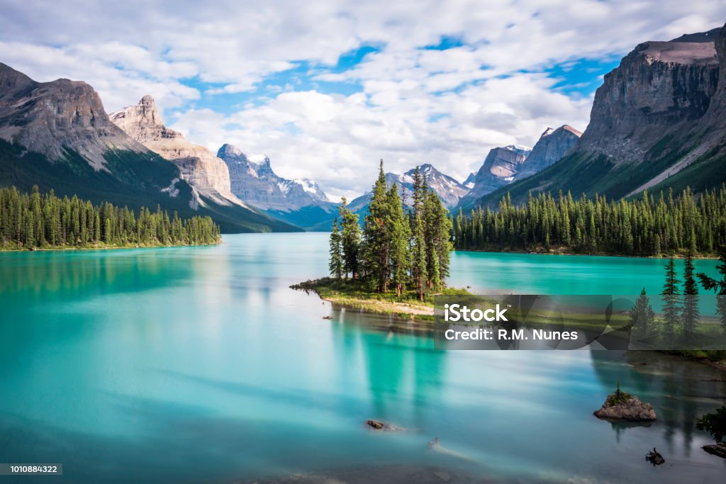 Spirit Island in Maligne Lake at Sunset, Jasper National Park, Alberta, Canada Spirit Island in Maligne Lake at sunset, Jasper National Park, Alberta, Canada. Canada Stock Photo