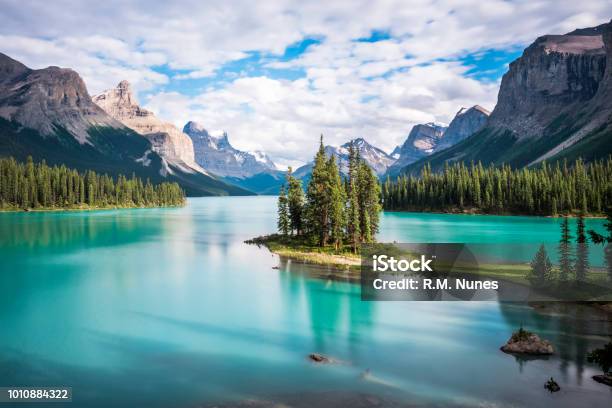 Spirit Island In Maligne Lake At Sunset Jasper National Park Alberta Canada Stock Photo - Download Image Now