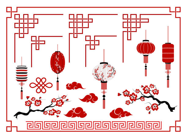 Essential RGB Happy Chinese new year.  Traditional   elements ornaments, Chinese lights, clouds, Sakura,  Chinese lanterns.  Design template calendar, invitation, booklet , holiday decoration. Isolated. Vector chinese language stock illustrations