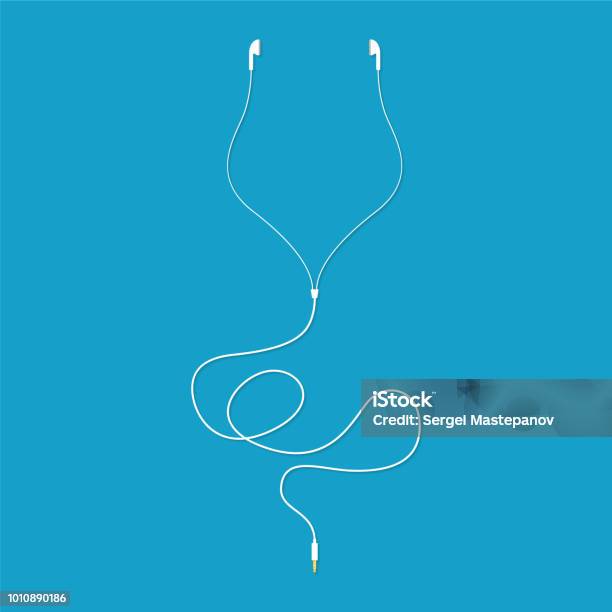 White Music Earphones With Connector Vector Illustration Stock Illustration - Download Image Now