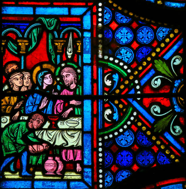 glasmalerei - hochzeit von kana - stained glass jesus christ water wine stock-fotos und bilder