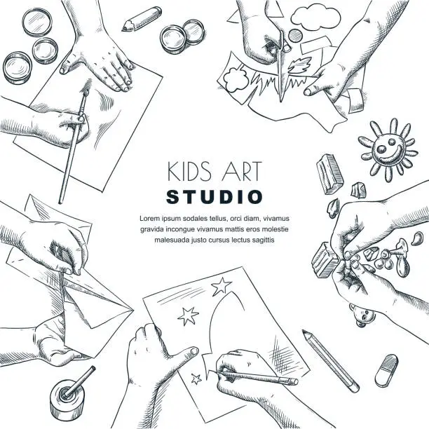 Vector illustration of Kids art class work process. Vector sketch illustration of painting, drawing children. Craft and creativity concept.