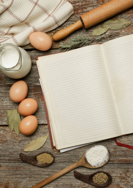 istock Blank cookbook with some ingredients on the wooden table, top view, rustic style 1010952028