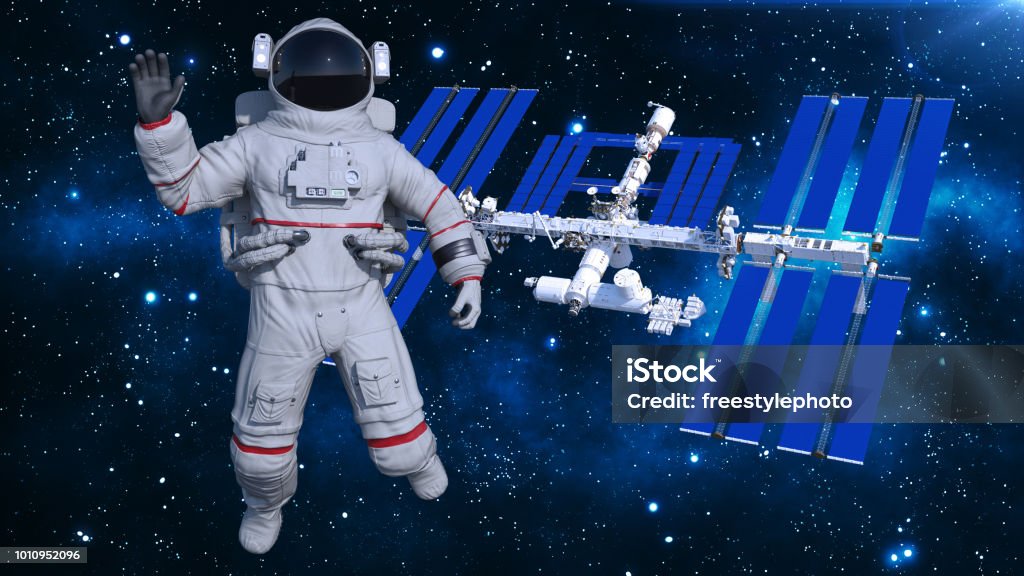 Astronauta en el espacio ondeando por encima de la estación espacial, cosmonauta con nave espacial en el fondo, 3D render - Foto de stock de Astronauta libre de derechos