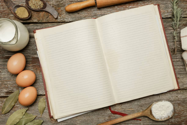 istock Blank cookbook with some ingredients on the wooden table, top view, rustic style 1010952108