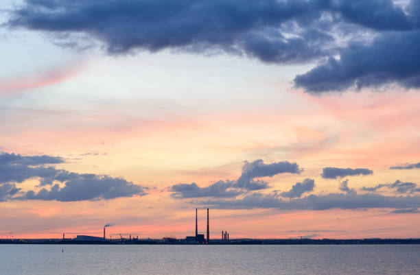 Twilight sky over Dublin city skyline,Ireland. stock photo