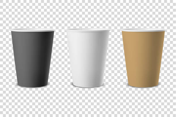 Vector realistic 3d white, black and craft brown paper disposable cup icon set closeup isolated on transparency grid background. Design template for graphics, mockup. Front view Vector realistic 3d white, black and craft brown paper disposable cup icon set closeup isolated on transparency grid background. Design template for graphics, mockup. Front view. h2o model stock illustrations