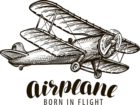 vintage airplane, biplane. sketch vector illustration isolated on white background