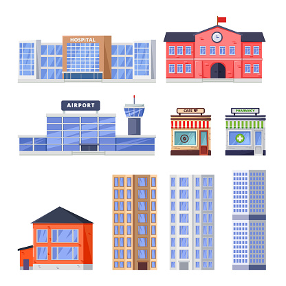 City residential and non-residential buildings, vector icons set. Municipal real estate objects isolated on white background.
