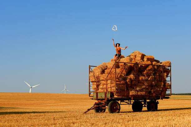 A young woman dressed as a cowgirl sits up high on a farmer's hay trailer at sunset and shows off her happiness for the windmills turning behind her in the distance.