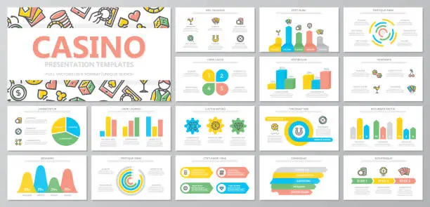 Vector illustration of Set of gambling and casino elements for multipurpose presentation template slides with graphs and charts. Leaflet, corporate report, marketing, advertising, book cover design.
