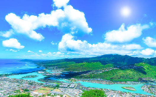 View of Hawaii Kai, a largely residential area located in the City & County of Honolulu, seen from the top of Koko Head near Honolulu, Hawaii