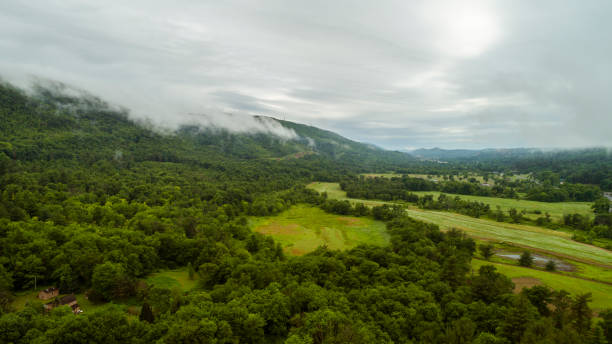le nuvole basse sulle montagne a poconos, appalachian, pennsylvania, carbon county, usa. - meteorology rain fog forest foto e immagini stock