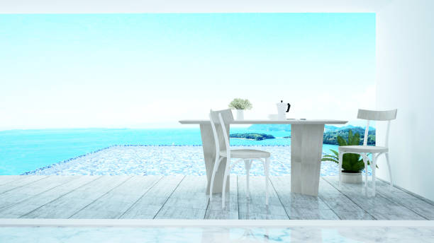 istock Dining room and workplace see view pool deck and swimming pool with panorama sea view. Dining room and swimming pool sea view in hotel or resort. 3D Illustration 1010980884