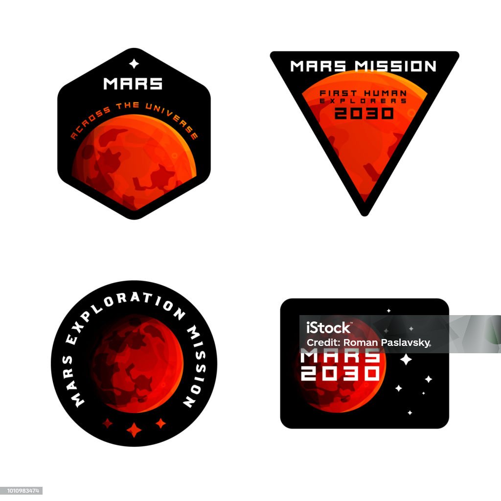 Mars mission emblems concept. Mars exploration logos in colored modern style. Mars mission emblems concept. Mars exploration logos in colored modern style. Mars colonization badges in modern sci-fi style, badges  labels for clothing and etc Logo stock vector