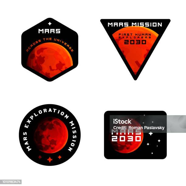 Mars Mission Emblems Concept Mars Exploration Logos In Colored Modern Style Stock Illustration - Download Image Now