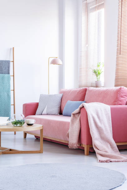 istock Blanket on pink sofa with pillows in bright living room interior with table and lamp. Real photo 1010992710