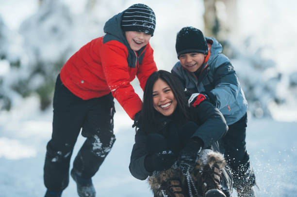 istock Two boys push their mom on a sled through the snow 1010992958
