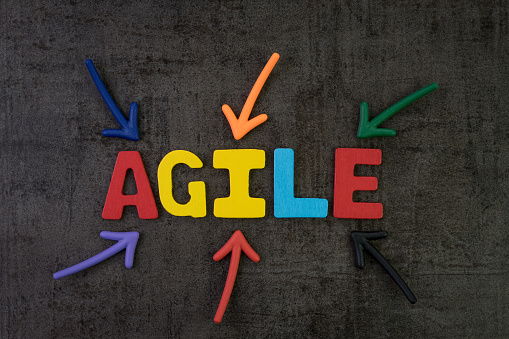 Agile development, new methodology for software, idea, workflow management concept, multi color arrows pointing to the word AGILE at the center of black cement chalkboard wall, fast and flexible.