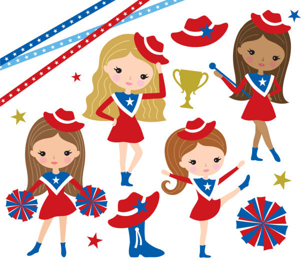 Drill Team Cheerleader Girl Vector Illustration Vector illustration of cute drill team or cheerleader girl characters in red, white and blue uniform. drill team stock illustrations