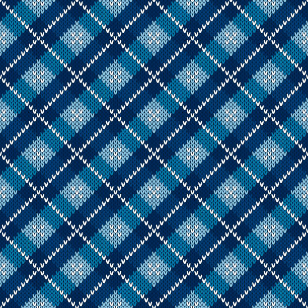 ilustraciones, imágenes clip art, dibujos animados e iconos de stock de a cuadros argyle diseño del patrón de suéter de punto. vector fondo transparente con tonos de color azul. imitación de textura de punto de lana - argyll