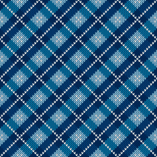 格子縞アーガイル ニット セーター パターン設計です。青い色の色合いとベクターのシームレスな背景。ウール ニット テクスチャ模倣 - argyle点のイラスト素材／クリップアート素材／マンガ素材／アイコン素材