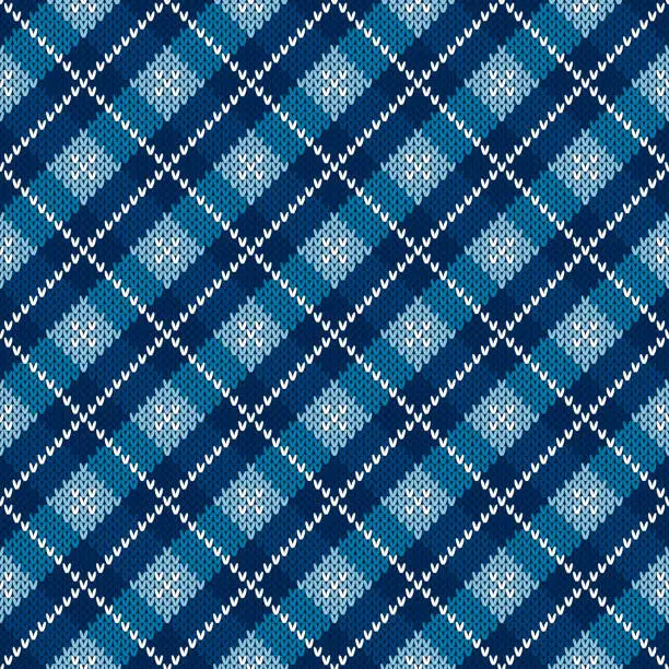 Vector illustration of Argyle Checkered Knitted Sweater Pattern Design. Vector Seamless Background with Shades of Blue Colors. Wool Knit Texture Imitation